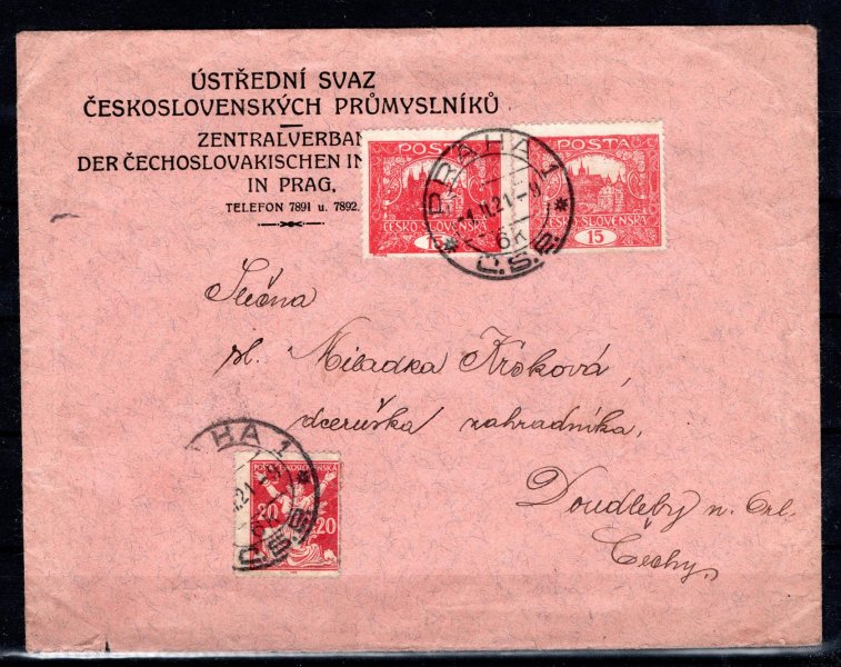 7 A ; firemní obálka frankovaná mj. dvěma kusy hodnoty 15h, dva od sebe odlišné odstíny barev, razítko PRAHA 1 s datem 1. II. 1921, jedna známka odpadlá 