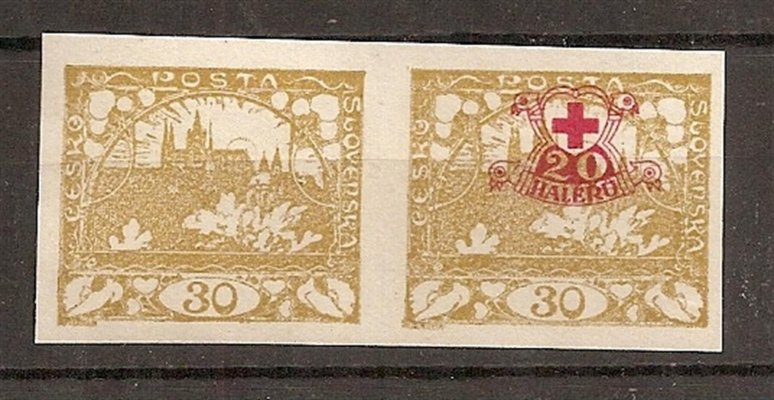 ZT  dvoupáska 30 h olivová s přítiskem pro červený kříž na jedné známce, dekorativní,zk.Le
