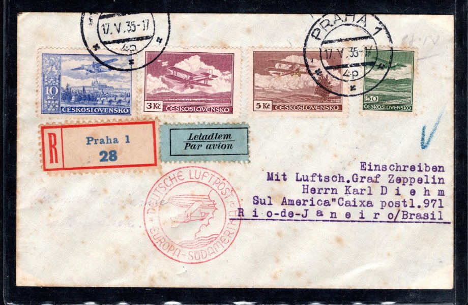 Zeppelinový dopis do Brasiliem 4, S.A. Fahrt 19.5. 1935,  vyplacený známkami L 7,10,12,13, podací raz. Praha 1,  17/5/35, leteckém rámečkové  Praha 7, 17/V/35, červený zeppelinový kašet, příchozí razítko, zahnědlé skvrnky na obálce, přesto vzácná celistvost