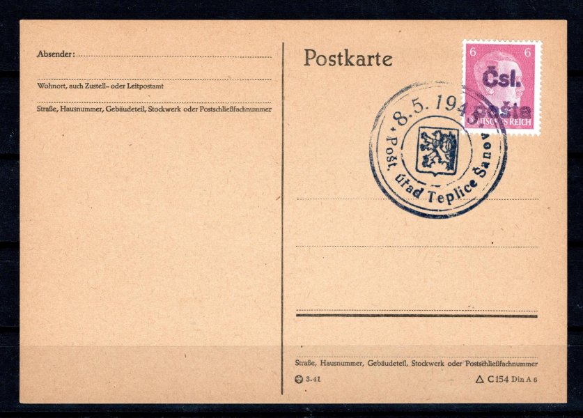 Neprošlá něměcká dopisnice se známkou AH a revolučním přetiskem - razítko Teplice Šanov ; 8.5.1945  - Falzum 