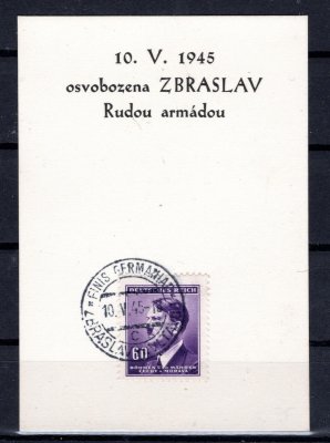 Oficiální kartička se známkou AH  60 halířů a razítkem Finish Germanie  - jiná úprava nápisu / Zbraslav N Vltavou 10.5.1945 
