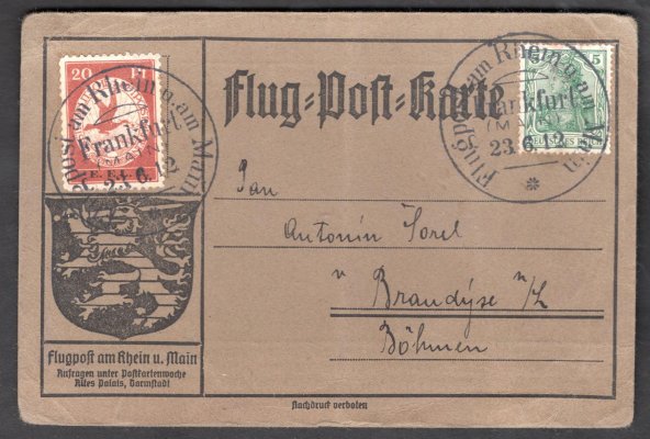 Oficiální zepelínová karta se známkou VI, 20 Pf. - letecké známky pošty na Rýně s přetiskem E.L.P. - zcela výjimečný výskyt