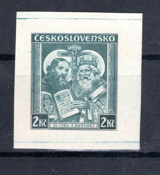 294 ZT - Cyril a Metoděj 2 Kč otisk rytiny na lístku papíru v barvě zelené, zk.Vr