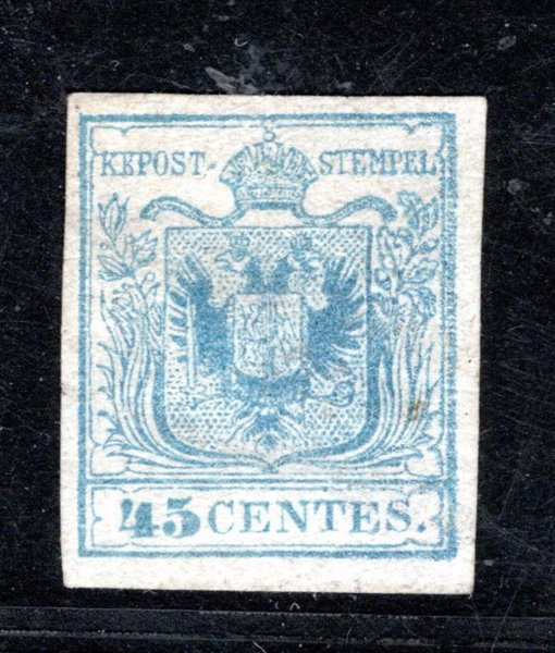 Rakousko - Lombardsko/Benátsko, Ferch. 5H I, znak 45 CTS šedomodrá, typ I na ručním papírubez původního lepu, Ferchenbauer (*) 2200 Euru, vzácná známka s dobrým střihem