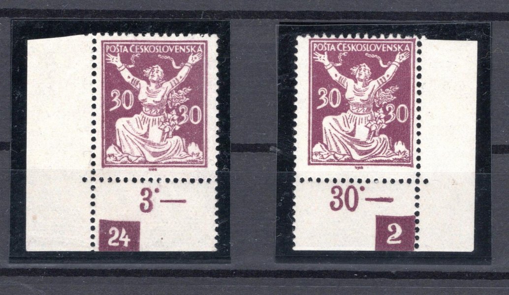 153 A  levý a pravý dolní rohový kus s počítadly a DZ 24-2, 30 h fialová, TD 8 , vzácnější tisková deska