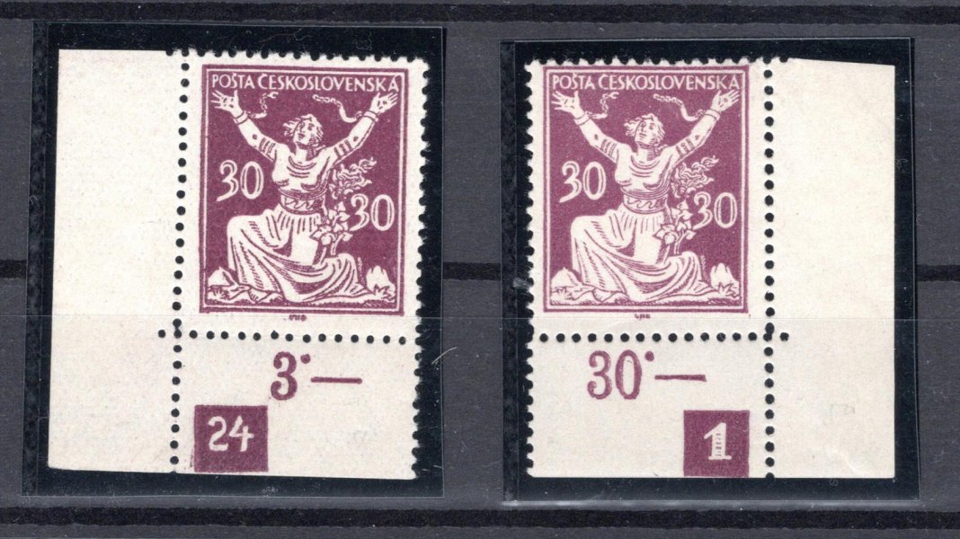 153 A  levý a pravý dolní rohový kus s počítadly a DZ 24-1,  30 h fialová, TD 7 , vzácnější tisková deska