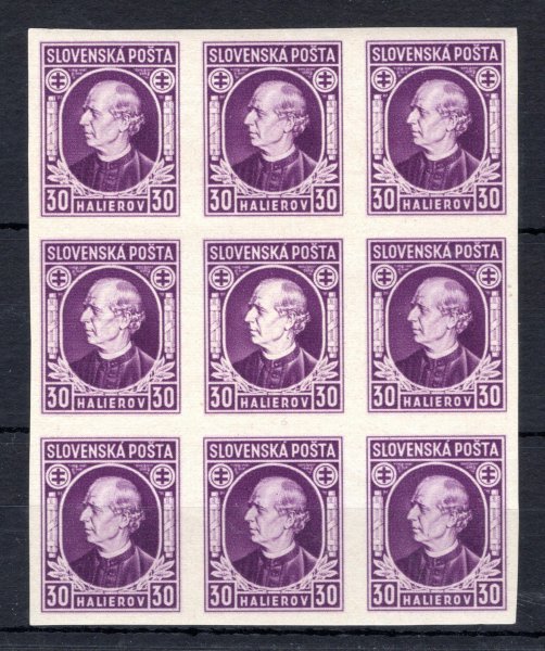 28 N - devíti blok 30 halléřů fialová, - ,, Bílá hlava,, prostřední známka - kat. cena 13 euro 