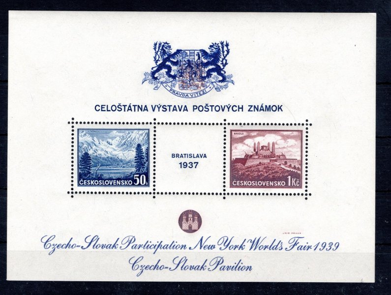 1939  New York,  ZT, modrý  přítisk ,modrý text na aršíku Bratislava 1937