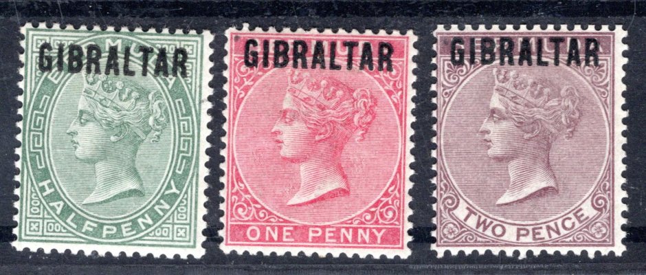 Gibraltar - SG. 1 - 3, (Mi. 1/3), Viktorie, 1886,  hezká sestava ve velmi dobré kvakitě, 2 x sign. Pofis