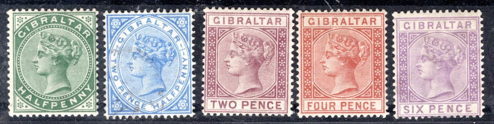 Gibraltar - SG. 8 - 13 ex, (Mi. 8/13 ex), Viktorie, 1886,  hezká sestava ve velmi dobré kvalitě, 1 známka  2 1/2 P modrá bez lepu