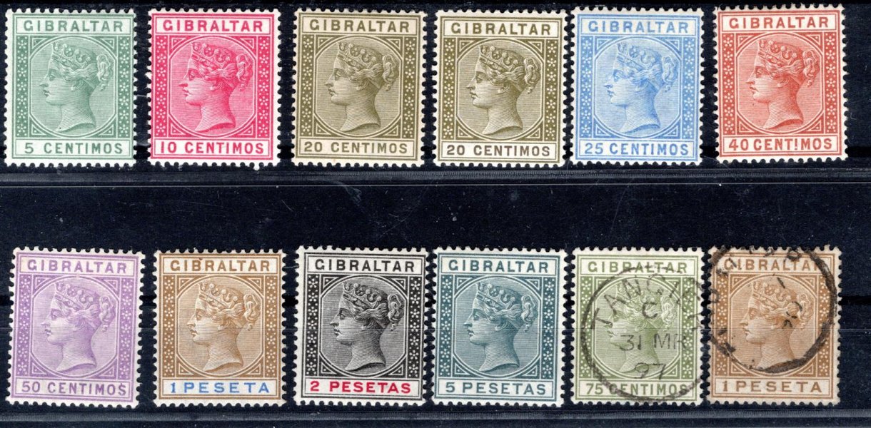 Gibraltar - SG. 22 - 33 , (Mi. 22/32), Viktorie, 1889,  hezká sestava ve velmi dobré kvakitě, 2 kusy razítkované (75 C + 1 P)