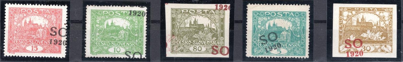 SO 1920 , krásná sestava posunů přetisků na známkách Hradčany, dekorativní
