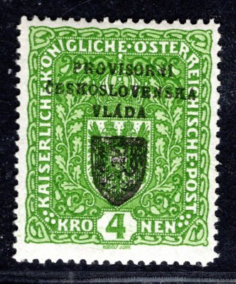 RV 18, I. pražský přetisk, 4 K zelená - úzký formát, zk. Pi