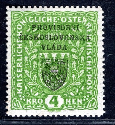 RV 18 a, I. pražský přetisk, 4 K zelená - žilkovaný papír zk.Stu