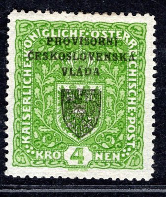 RV 18, I. pražský přetisk, 4 K zelená - široký formát !, velmi vzácný výskyt, zk. Gi