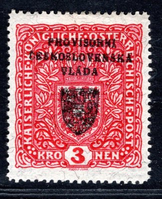 RV 17a, I. pražský přetisk, 3 K červená - žilkovaný papír, zk. Le, Gi,Mr