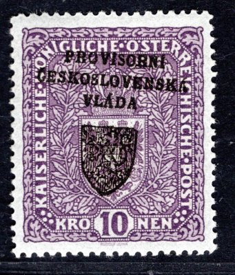RV 19, I. pražský přetisk, 10  K fialová - úzký formát - šikmý tisk přetisku !, zajímavé