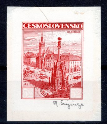 312 ZT,Olomouc, hodnotový štítek bílý,  na větším kousku papíru v barvě červené, podpis Seizinger, zk. Vr