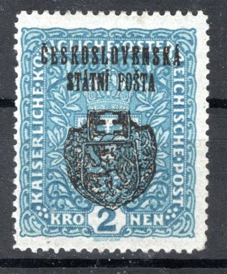RV 37 ,  II. pražský přetisk, 2 K modrá, úzký formát zk. Franek