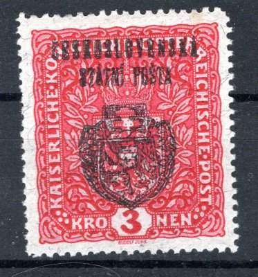 RV 38 ,  II. pražský přetisk, 3 K červená, žilkovaný papír, zk. Gi