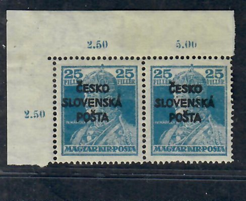 RV 149, Šrobárův přetisk, rohová dvoupáska s počítadly, 25 f modrá Karel, zk. Vr, nálepka na okraji mimo známky