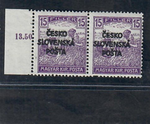 RV 142, Šrobárův přetisk,krajová dvoupáska s počítadly, 15 f fialová, ženci, zk. Vr