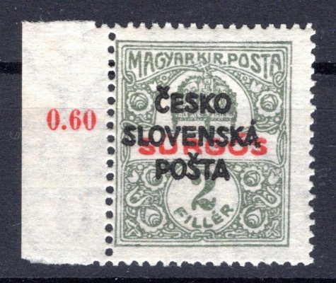 RV 156, Šrobárův přetisk, krajový kus s počítadlem 2 f spěšná, zeleno/červená , zk. Vr