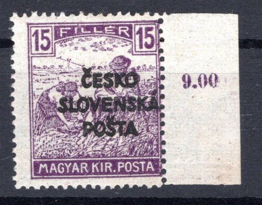 RV 142, Šrobárův přetisk, krajový kus s počítadlem 15 f fialová ženci, zk. Vr, dvl