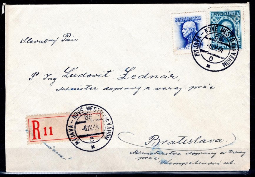  R dopis z Myjavy, s provizorní R nálepkou zaslaný 6/IX/44 vlakovou !! poštou do Bratislavy, vyplacená známkami A. Hlinka 31 a 83, zajímavá celistvost, lehké stopy poštovního provozu