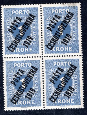 80  Porto, čtyřblok 1 K modrá, spojené typy přetisku, malé šmouhy od tiskové barvy