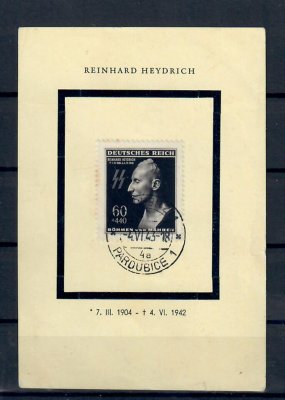 zvláštní tisk v aršíkové úpravě k úmrtí R. Heydricha s vlepenou smuteční známkou, razítko Pardubice, hledané