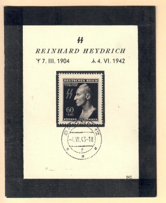 Číslovaný ! zvláštní tisk v aršíkové úpravě s černým lemováním k úmrtí R. Heydricha s vlepenou smuteční známkou, razítko Brno 12, hledané