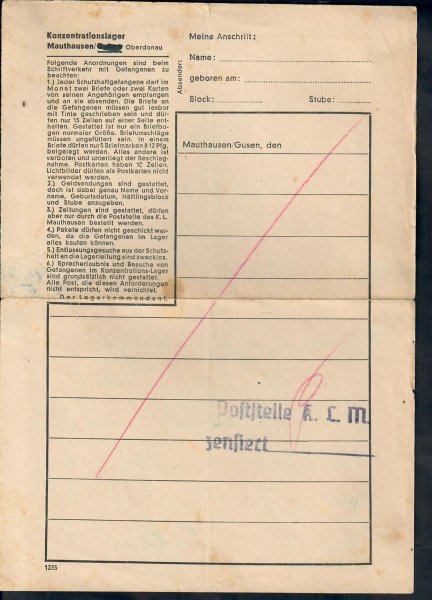 DR - 1942  KT Mauthausen, vniřní část dopisu na předtištěném formuláři opatřeným rámečkovým razítkem  Poststelle K.L.M. - zensiert v modré barvě, zajímavé
