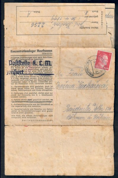 DR- 1943,  KT Mauthausen / předtištěný skládaný dopis vyfr. zn. 12 Pf, zasláný českým vězněm do Protektorátu, podací DR Mauthausen/ silné stopy poštovního provozu, zahnědlé skvrny, rozděleno na dvě části, chatrný stav, přesto zajímavá dobová celistvost vypovídající o osudech vězňů v KL
