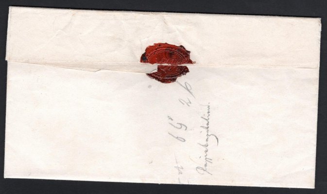 Skládaný dopis z roku 1855 adresovaný do Krumlova vyfr. zn. I. emise 1Kr kadmiově žlutá + 2Kr černá, obě zn. krajové (), III. typ, ozdobné DR BUDWEIS 5/3, vzadu rozlomená pečeť; velmi pěkný stav, dekorativní celistvost