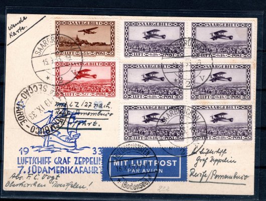 Sársko - Zeppelin ; 1933 Sieger číslo 337, pošta Saargebiet, zpáteční karta vyfrankovaná i pro cestu zpět (), 7. SAF, podací razítko SAARBRÜCKEN s datem 15. 9. 33, frankovaný známkami Mi 126, 6x 127 a 159, příchozí razítko PERNAMBUCO s datem 19. 9. 33, vzácné a hledané ()

