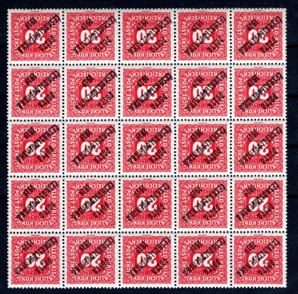 75 ; 20 h červená, malá čísla v 25 - ti bloku, v tak velkém bloku ojedinělé, spojené typy přetisků