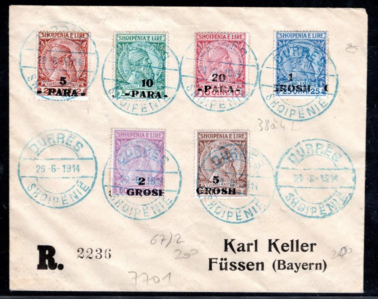 Albanie - R dopis vypl. serií výplatních známek do Bavorska s příchozím razítkem, hezká celistvost
