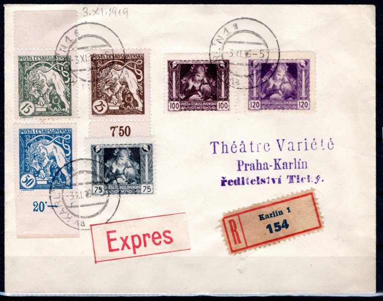 R, Ex obálka vyplacená legionářskými známkami v době platnosti, razítko Karlín 1, 3/XI/19, dekorativní