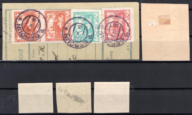 sestava hradčanských známek s přetiskem PORTO, 1 x na ústřižku průvodky, 1 x na lístku papíru, 3 x svěží, zajímavé