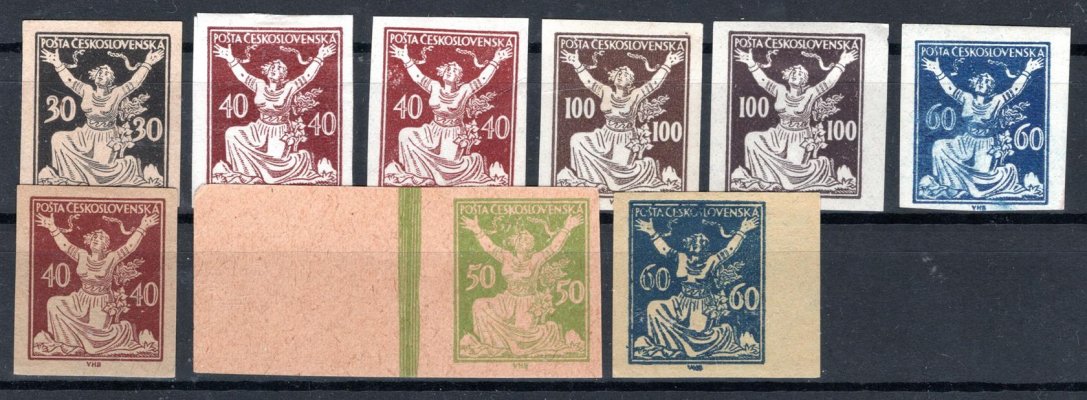 9 Kusů známek ; 50h zkusmý tisk s bordurou, obsahuje 30h černotisk - 154 N 2 kusy  ( 1 x světlejší místo) , 2 x 158 N - 100h hnědá odstíny - část zkoušeno - vysoký katalog 