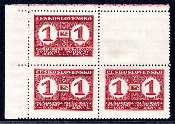 Potravní daň ; PD 9 B KH ; 1 koruna - levý rohový 4 - blok s jedním kuponem ; katalog pro xx 900 Kč 