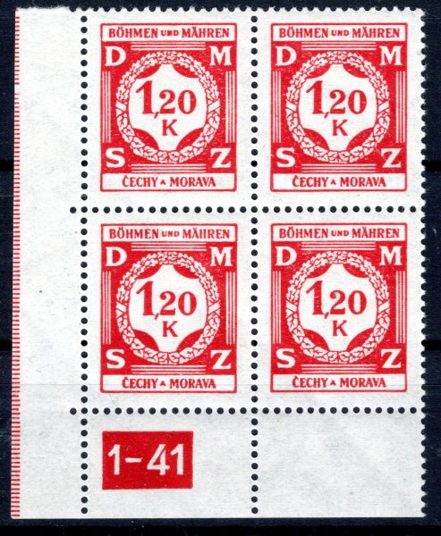SL 7, červená 1,20 Kč, levý dolní rohový 4 blok s DČ 1-41 a otiskem rámu, vzácné