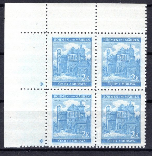 59 ; levý horní rohový 4 - blok s DZ * ( hvězdička)  v jasně modré barvě - velmi hledaný odstín ; kat. 2800 Kč 