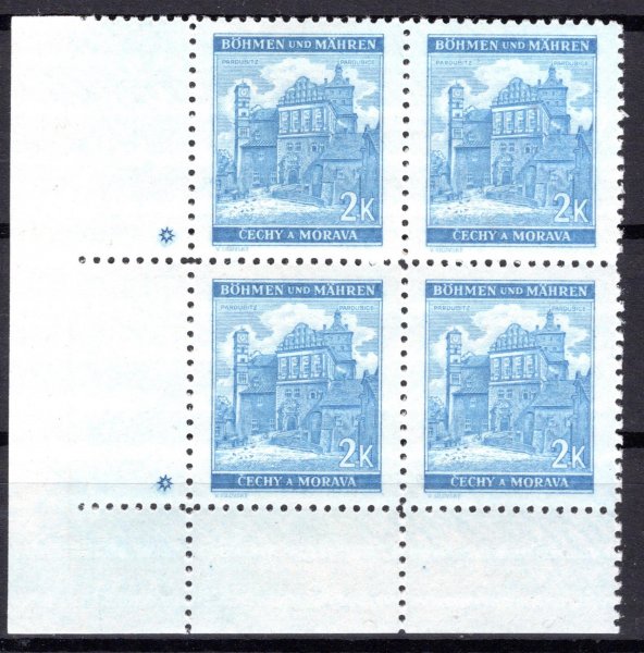 59 ; levý dolní rohový 4 - blok s DZ * ( hvězdička) v jasně modré barvě - velmi hledaný odstín ; kat. 2000 Kč 