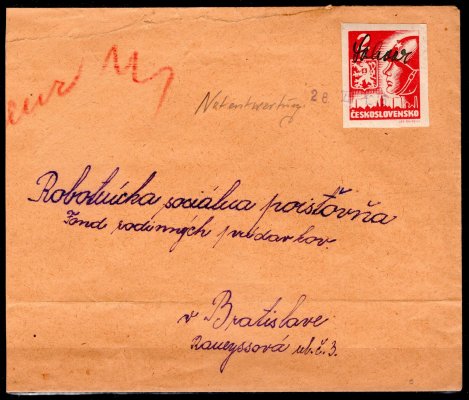 dopis vyplacený známkou 354, Košice 2 K červená, znehodnoceno perem nápis Solivar, datumko 28/VI/45 adresovaný na robotnickou poisťovnu, hledané
