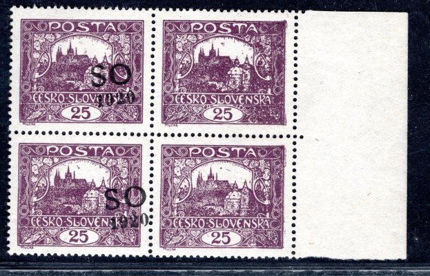 SO 8 A, krajový 4 blok, 25 h fialová s přetiskem pouze na 2 známkách, zk. Gi, dekorativní