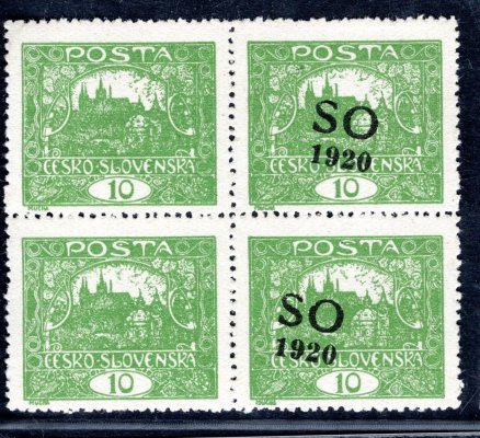SO 4 A, čtyřblok zelená 10 h, s posunem přetisku - přetisk pouze na dvou známkách, dekorativní a hledané