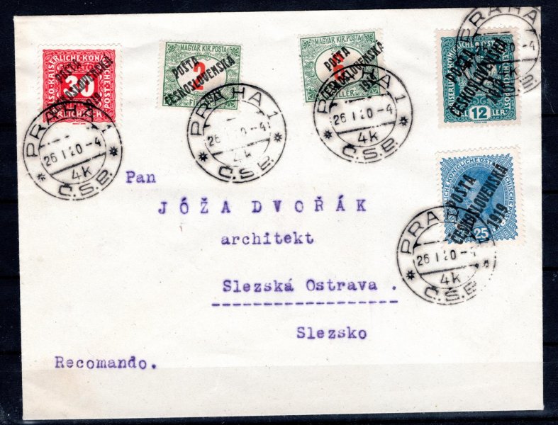  dopis s pestrou frankaturou známek PČ 1919, razítko Praha 1